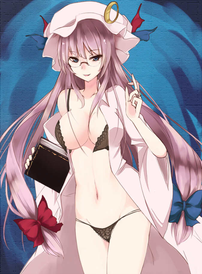 takaharu, patchouli knowledge, touhou, bad id, bad pixiv id, 1girl, bespectacled, blue eyes, book, bra, breasts, female focus, glasses, hat, jewelry, large breasts, lingerie, long hair, panties, purple hair, ring, solo, underwear