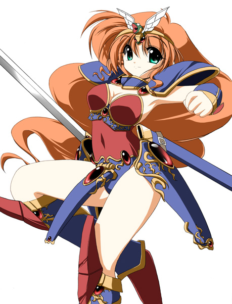 f20 (funimaru), lucia (madura no tsubasa), madura no tsubasa, 1girl, arm up, armor, armpits, blue leotard, boots, bracer, breasts, brown hair, cleavage, covered navel, gem, green eyes, knee boots, leg up, leotard, long hair, multicolored leotard, pauldrons, red boots, red leotard, sheath, shoulder armor, solo, standing, standing on one leg, sword, thighs, tiara, two-tone leotard, weapon