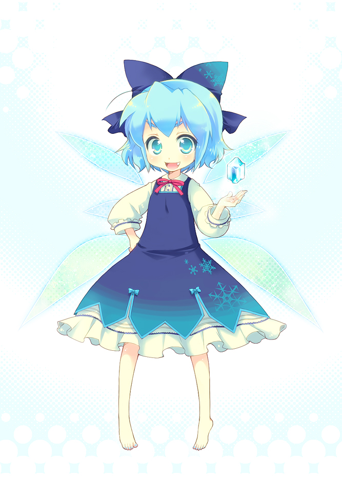 sokomushi, cirno, touhou, bad id, bad pixiv id, 1girl, barefoot, blue eyes, blue hair, blue nails, fang, female focus, ice, matching hair/eyes, nail polish, short hair, solo, wings