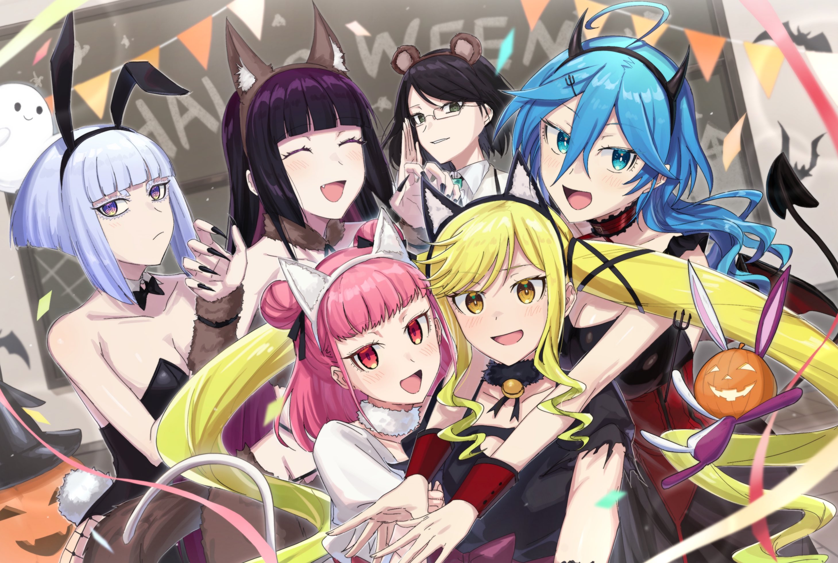 aoki shizumi, isemi tina, kurogane otoha, shiraya tamaki, suzunomiya lilisa, rock wa lady no tashinami deshite, highres, 6+girls, animal costume, animal ears, blonde hair, blue eyes, blue hair, breasts, cleavage, demon costume, demon horns, halloween, halloween costume, horns, large breasts, long hair, looking at viewer, medium breasts, multiple girls, pink hair, playboy bunny, purple eyes, purple hair, rabbit ears, red eyes, short hair, small breasts, twintails, white hair, wolf costume, wolf ears, yellow eyes