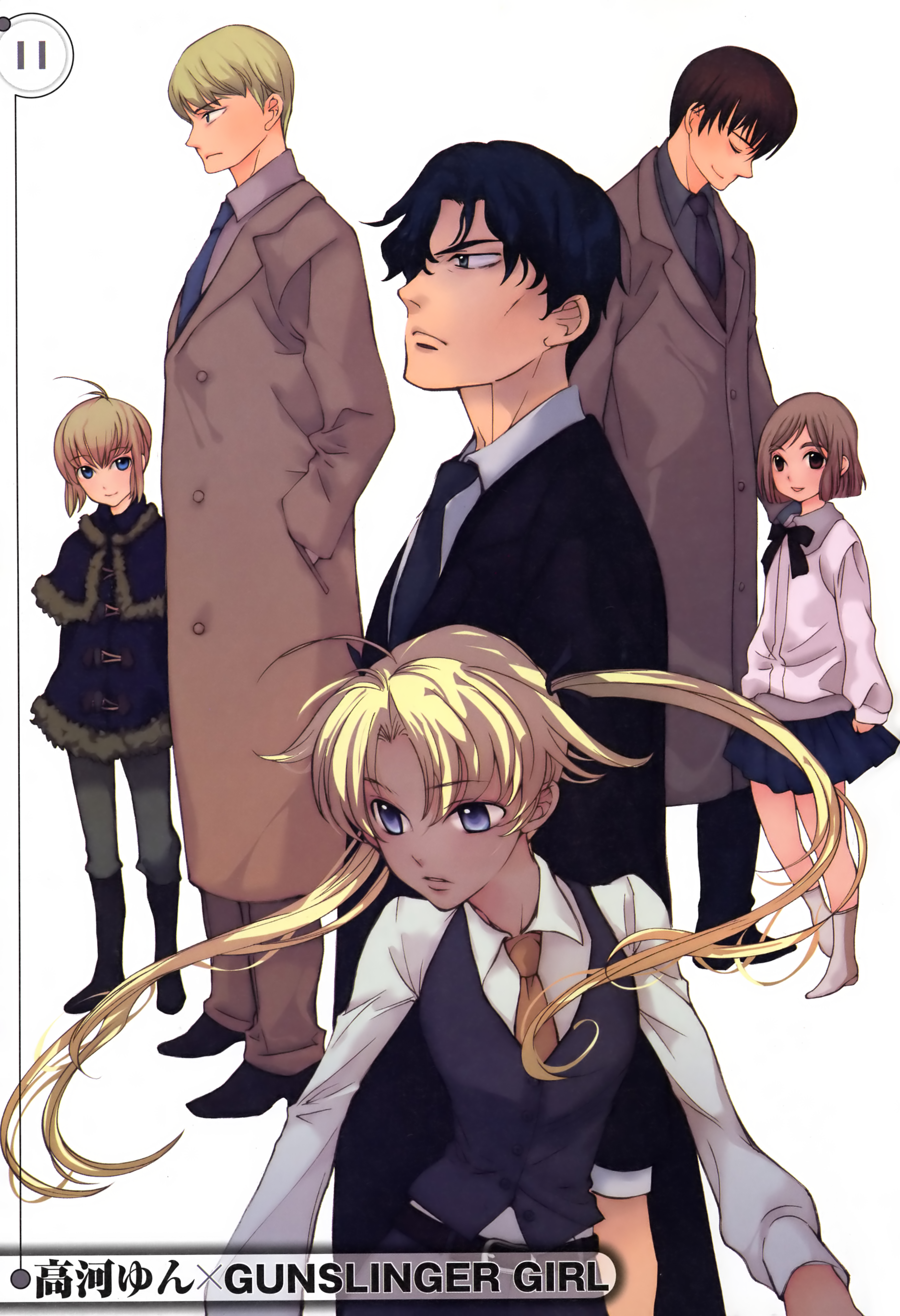 kouga yun, henrietta (gunslinger girl), jean croce, jose croce, rico (gunslinger girl), triela, victor hillshire, gunslinger girl, absurdres, highres, 00s, 3boys, 3girls, blonde hair, bob cut, formal clothes, multiple boys, multiple girls, pant suit, pants, suit, vest, waistcoat