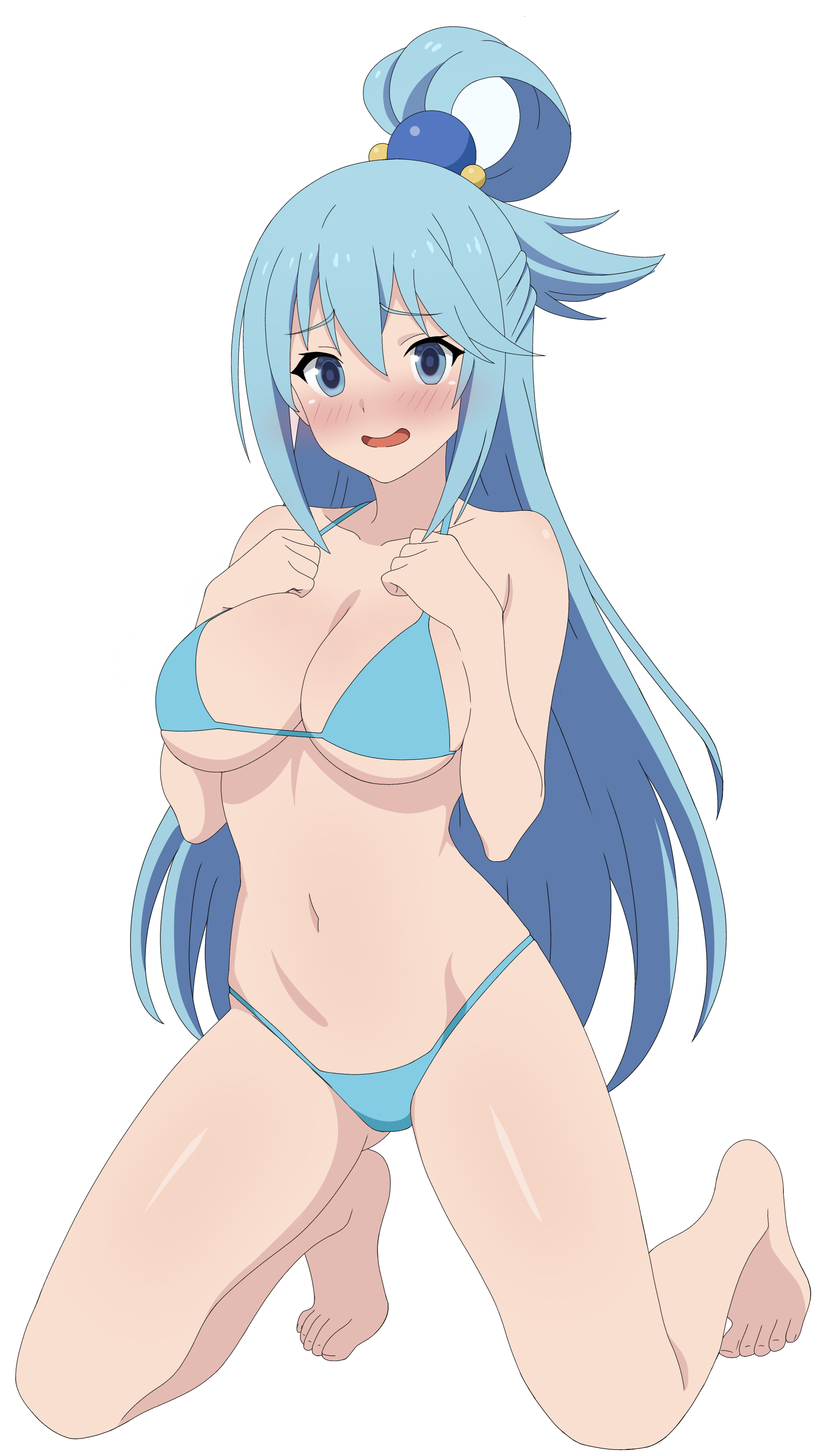 frixtied, aqua (konosuba), kono subarashii sekai ni shukufuku wo!, absurdres, highres, 1girl, anime coloring, barefoot, bikini, blue bikini, blue eyes, blue hair, blush, breasts, cleavage, collarbone, full body, hair ornament, hair rings, hands on own chest, kneeling, long hair, looking at viewer, medium breasts, navel, open mouth, simple background, single hair ring, solo, sphere hair ornament, swimsuit, white background