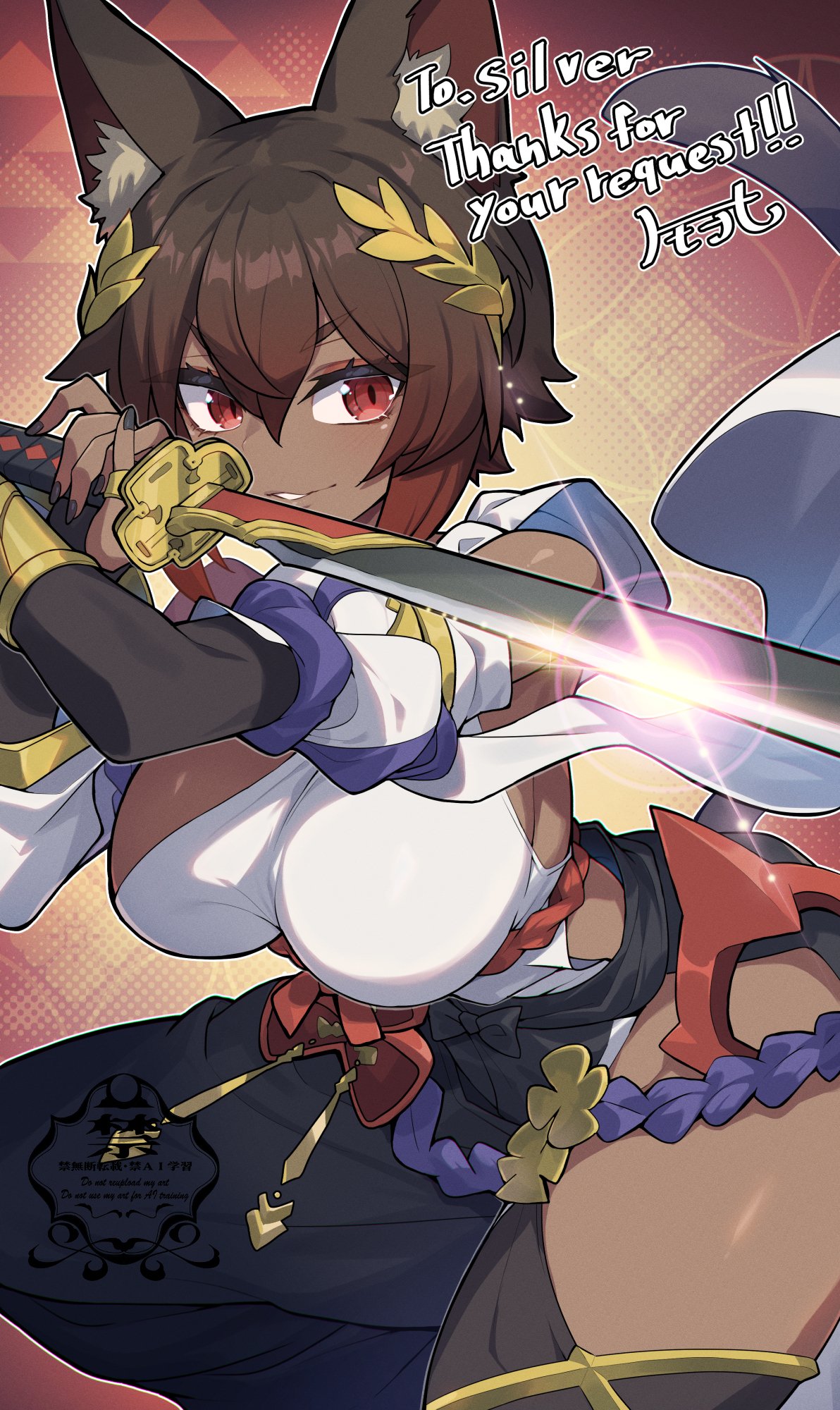 matsumoto tomoyohi, silver (shipsinfloat), final fantasy, final fantasy xiv, original, commentary request, commission, highres, skeb commission, 1girl, animal ear fluff, animal ears, black nails, black skirt, breasts, brown hair, cat ears, cat girl, cat tail, cowboy shot, dark-skinned female, dark skin, double-parted bangs, dress, fingernails, hair between eyes, holding, holding sword, holding weapon, large breasts, laurel crown, looking at viewer, nail polish, parted lips, red eyes, short hair, skirt, smile, solo, sword, tail, weapon, white dress