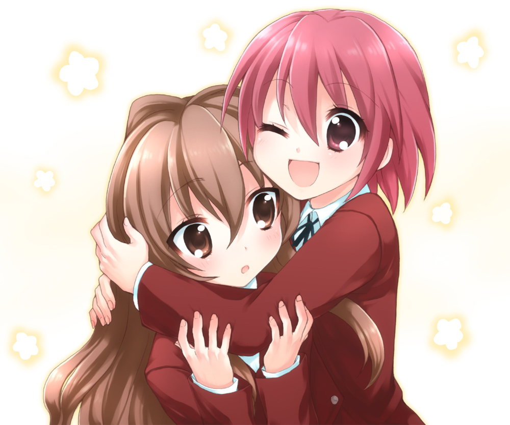 usashiro mani, aisaka taiga, kushieda minori, toradora!, bad id, bad pixiv id, 00s, brown eyes, brown hair, hug, long hair, one eye closed, red eyes, red hair, school uniform, short hair, wink