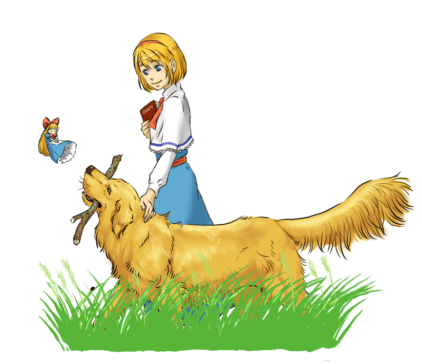 kobushi, yodoro kagyu, alice margatroid, shanghai doll, touhou, bad id, bad pixiv id, 1girl, animal, blonde hair, blue eyes, book, dog, doll, female focus, golden retriever, grass, hair ribbon, hairband, headpat, ribbon, short hair, solo, stick