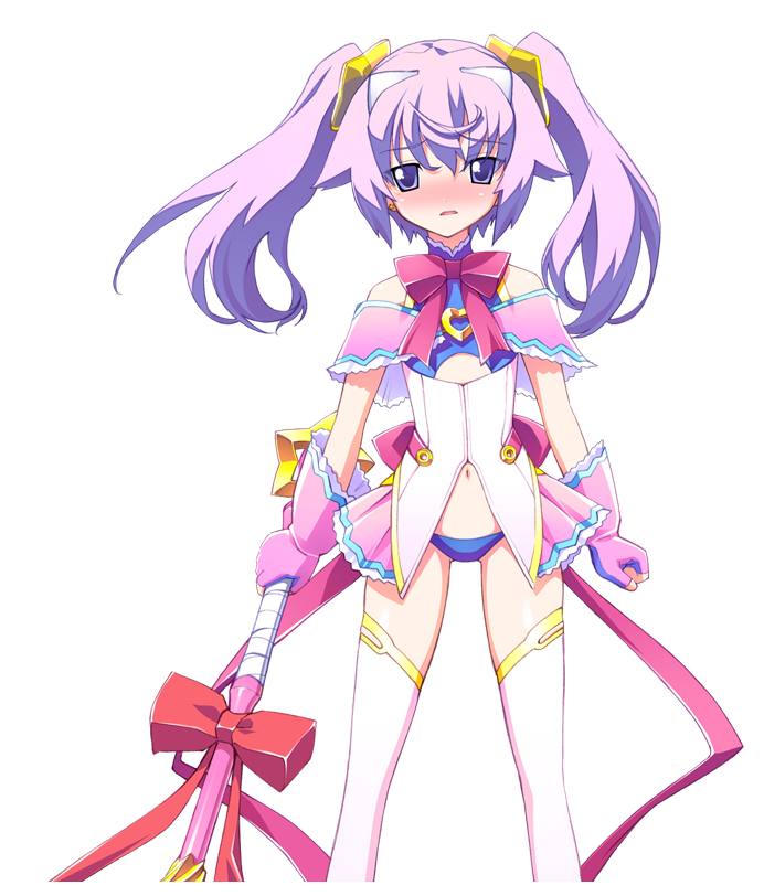 matsuo yukihiro, erin-fray orgel, chaos;head, chaos;head love chu chu!, science adventure, game cg, official art, 1girl, back ribbon, bandeau, bare shoulders, blue bandeau, blue panties, blush, chest ribbon, clenched hand, clothing cutout, cute weapon, earrings, embarrassed, fingerless gloves, flat chest, frown, gloves, gold trim, hair ornament, halterneck, holding, holding weapon, horns, jewelry, long hair, looking at viewer, magical girl, narrowed eyes, navel, off shoulder, open mouth, panties, petite, petticoat, purple eyes, purple hair, red ribbon, ribbon, solo, sprite, star (symbol), star hair ornament, thighhighs, thighs, twintails, underboob cutout, underwear, weapon, white horns, white thighhighs, zettai ryouiki