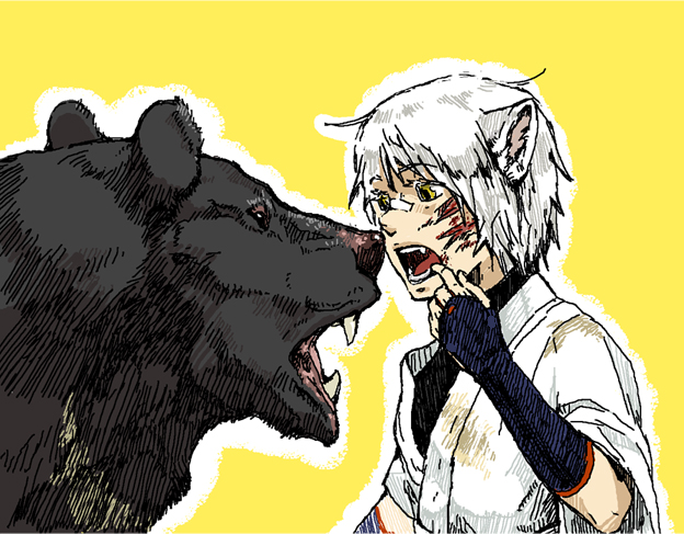 kobushi, yodoro kagyu, inubashiri momiji, touhou, bad id, bad pixiv id, 1girl, animal ears, bear, fangs, female focus, injury, short hair, solo, teeth, white hair, wolf ears, yellow eyes
