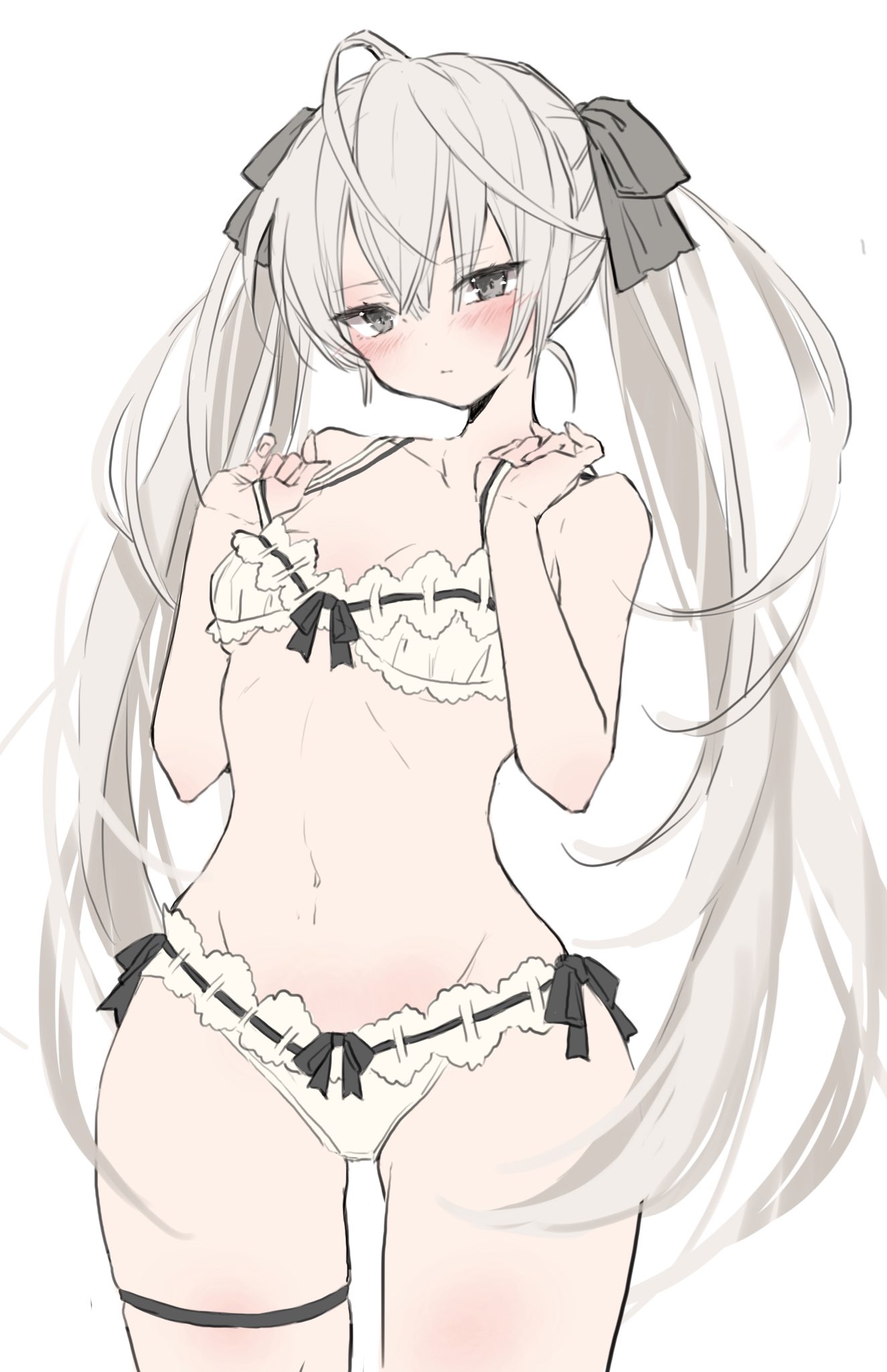 chigasaki yukari, kasugano sora, yosuga no sora, commentary, highres, 1girl, blush, bra, breasts, brown eyes, closed mouth, cowboy shot, hair ribbon, long hair, looking at viewer, navel, panties, ribbon, simple background, small breasts, solo, stomach, strap lift, thigh strap, twintails, underwear, underwear only, white background, white bra, white hair, white panties