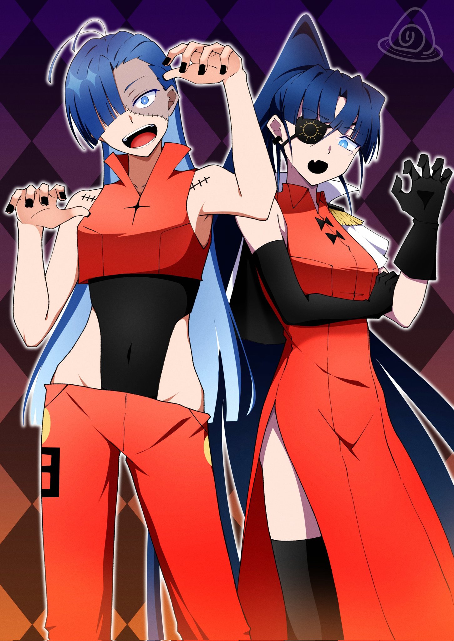 nori (norinori yrl), lugosi (ado), merry (ado), naima (ado), romero (ado), ado (utaite), readymade (ado), show (ado), usseewa, commentary request, highres, 2girls, ahoge, asymmetrical gloves, black gloves, black nails, black thighhighs, blue eyes, blue hair, checkered background, cosplay, crop top, dress, ear piercing, elbow gloves, fang, gloves, hair over one eye, long hair, lugosi (ado) (cosplay), mismatched gloves, multiple girls, nail polish, open mouth, orange dress, orange pants, orange shirt, outline, pants, piercing, ponytail, romero (ado) (cosplay), shirt, skin fang, sleeveless, sleeveless shirt, teeth, thighhighs, white outline