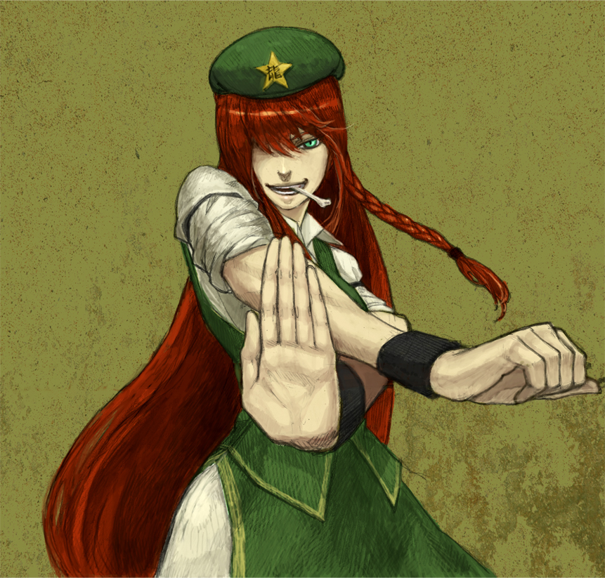 kobushi, yodoro kagyu, hong meiling, immaterial and missing power, touhou, bad id, bad pixiv id, 1girl, bone, braid, female focus, fighting stance, foreshortening, green eyes, hair over one eye, hat, long hair, mouth hold, red hair, sleeves rolled up, solo, very long hair, wristband, x arms
