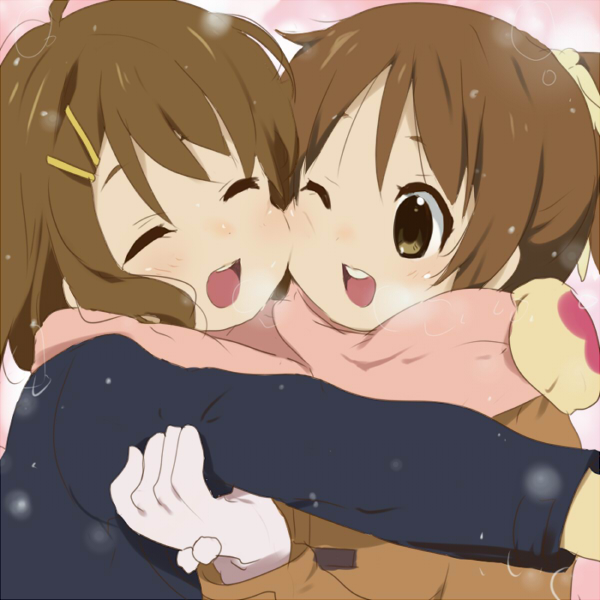 kl (dgzonbi), hirasawa ui, hirasawa yui, k-on!, 00s, 2girls, brown eyes, brown hair, closed eyes, gloves, hug, mittens, multiple girls, one eye closed, scarf, shared clothes, shared scarf, short hair, siblings, sisters, wink