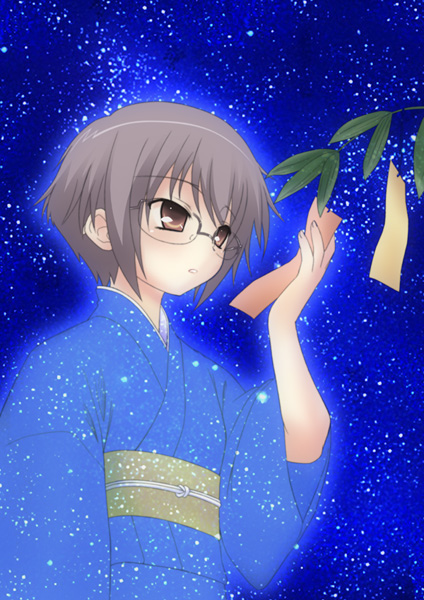 siseru samurai, nagato yuki, suzumiya haruhi no yuuutsu, 00s, 1girl, bamboo, blue kimono, female focus, glasses, holding, holding tanzaku, japanese clothes, kimono, night, short hair, solo, star (symbol), tanabata, tanzaku, transparent, yukata