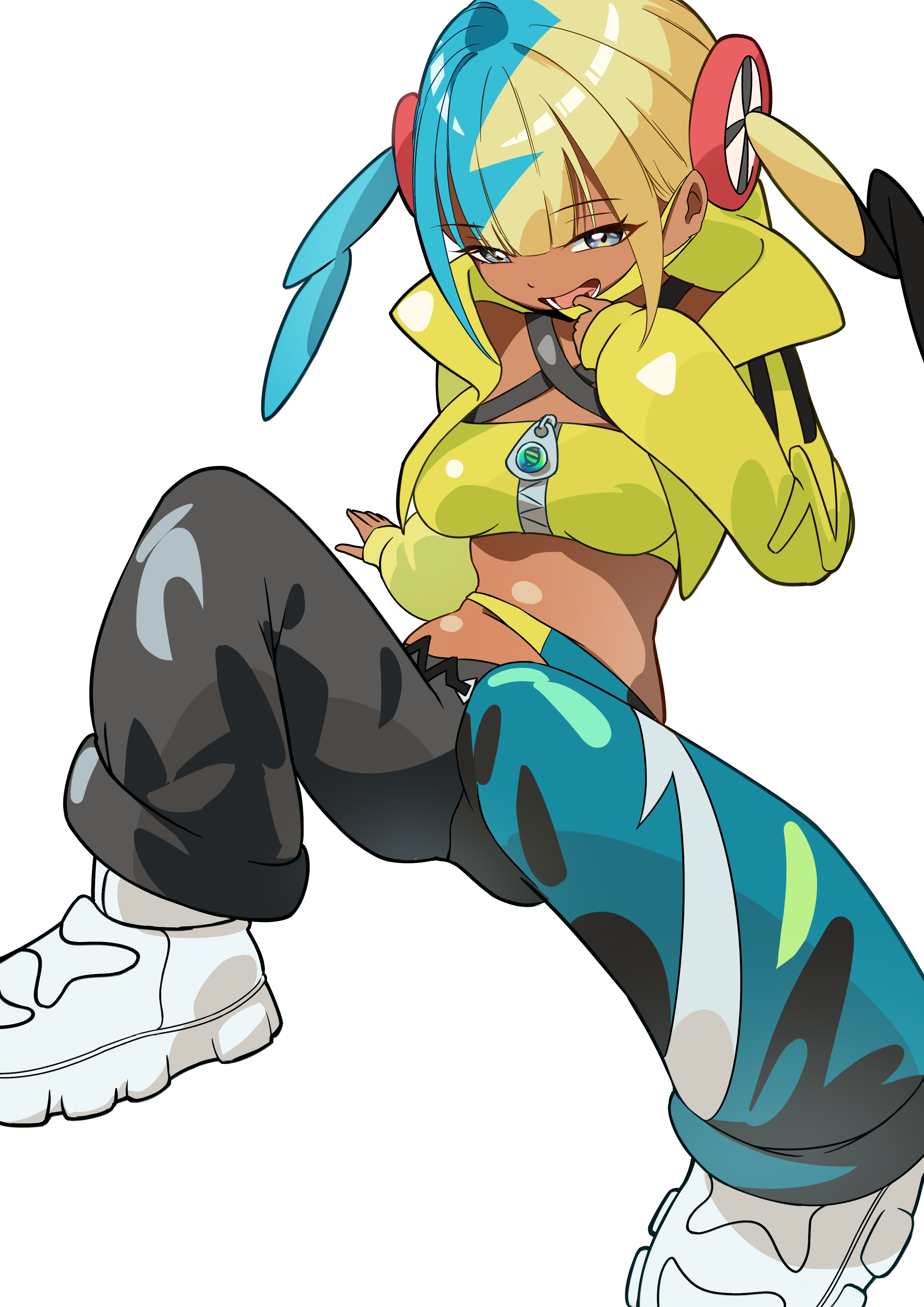 mikan (mikan no happa), canari (pokemon), nintendo, pokemon, pokemon legends: z-a, absurdres, highres, 1girl, aqua hair, bandeau, blonde hair, blue eyes, blue pants, breasts, jacket, long sleeves, looking at viewer, medium breasts, midriff, multicolored hair, open mouth, pants, shoes, simple background, solo, white background, white shoes, yellow bandeau, yellow jacket