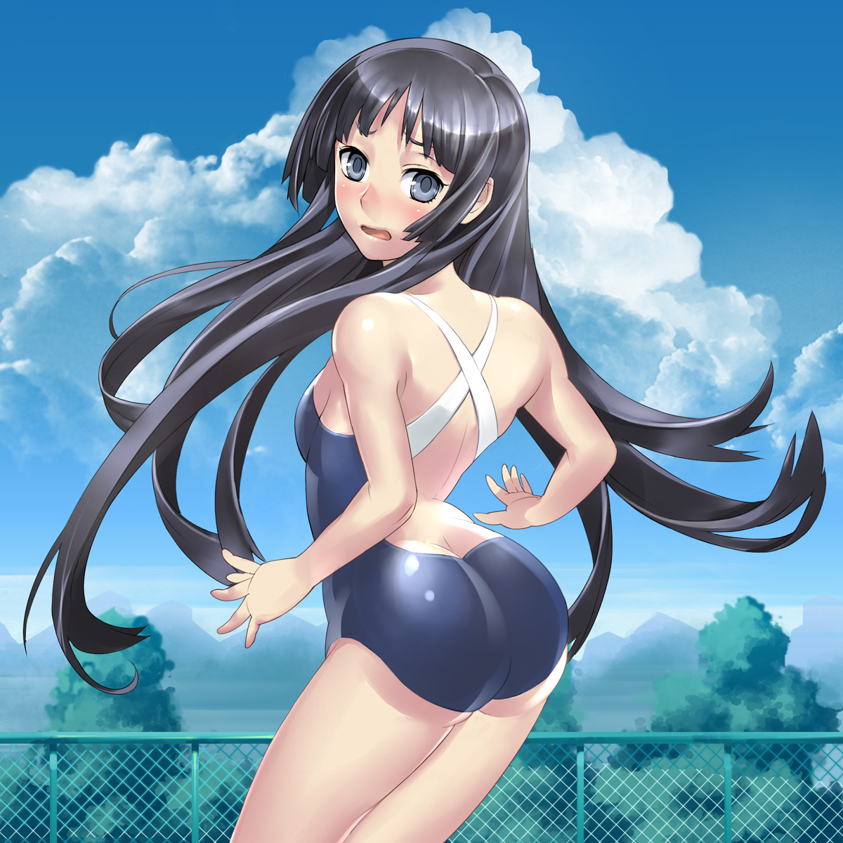 kaiseki, akiyama mio, k-on!, highres, 00s, 1girl, ass, black eyes, black hair, blush, butt crack, competition swimsuit, female focus, long hair, one-piece swimsuit, solo, swimsuit