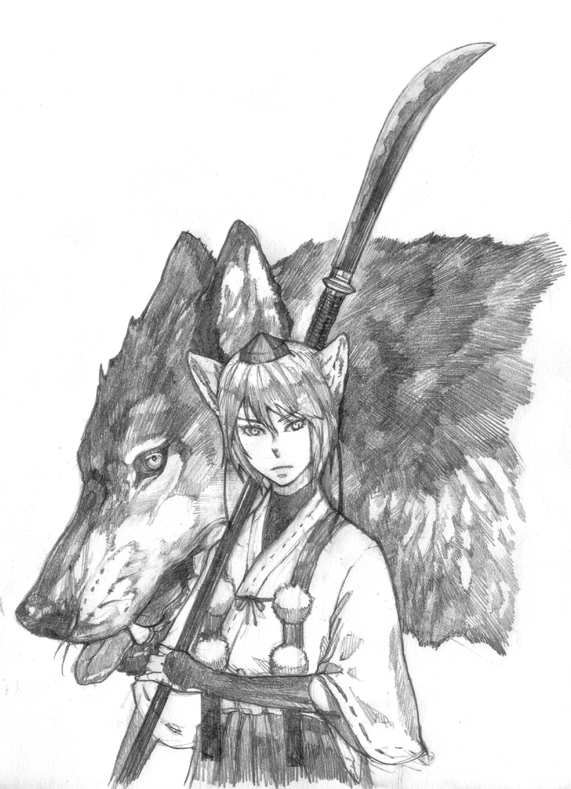 kobushi, yodoro kagyu, inubashiri momiji, touhou, bad id, bad pixiv id, traditional media, 1girl, animal ears, female focus, greyscale, hat, monochrome, naginata, polearm, short hair, solo, tokin hat, weapon, wolf, wolf ears