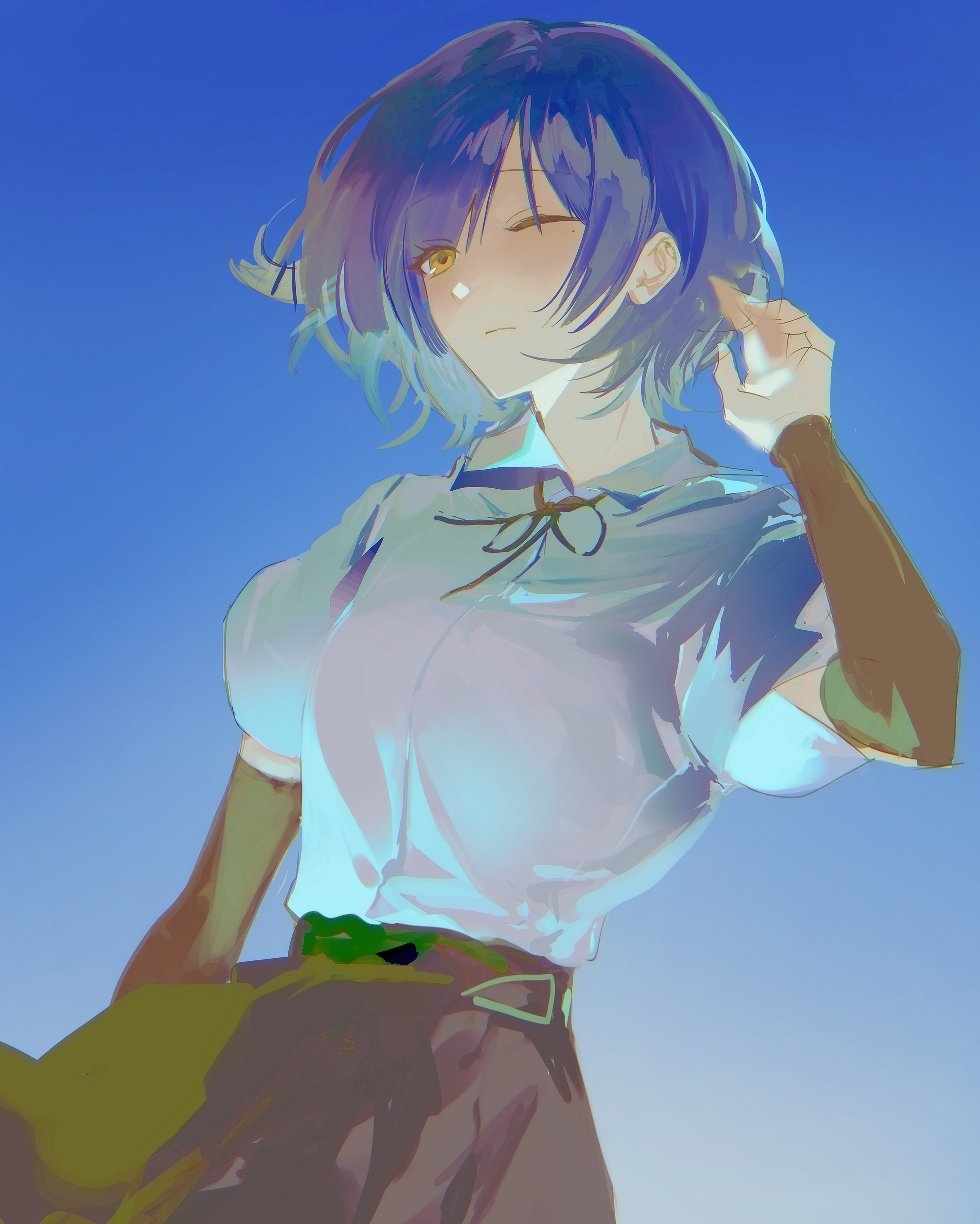 zuzu (wckd7545), yamada ryo, bocchi the rock!, absurdres, commentary, highres, 1girl, black arm warmers, black ribbon, black skirt, blue background, blue hair, closed mouth, mole, mole under eye, neck ribbon, one eye closed, ribbon, school uniform, shirt, short hair, skirt, solo, white shirt, yellow eyes