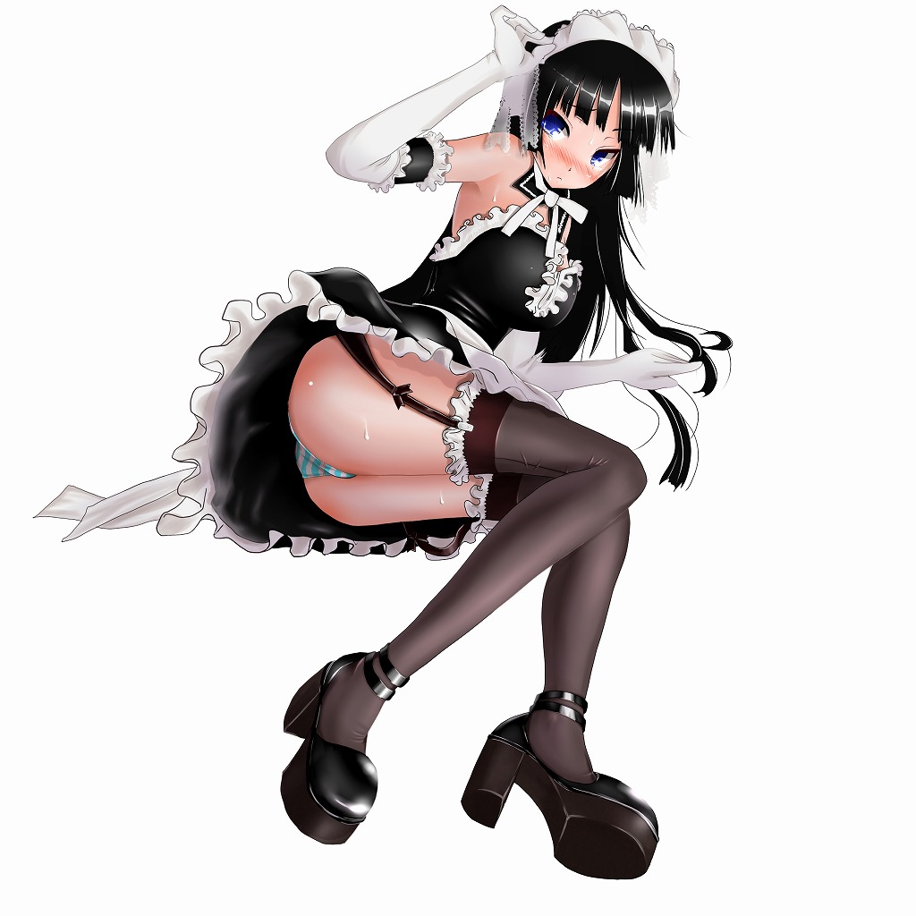 nokiguchi chika, akiyama mio, k-on!, kore ga watashi no goshujin-sama, 00s, 1girl, alternate costume, ass, back-seamed legwear, bare shoulders, black hair, blue eyes, blush, breasts, choker, detached collar, elbow gloves, enmaided, female focus, frilled thighhighs, frills, garter straps, gloves, high heels, large breasts, legs, lolita fashion, long hair, looking at viewer, maid, maid headdress, nakabayashi yoshitaka's maid uniform, panties, pantyshot, seamed legwear, shoes, simple background, solo, striped clothes, striped panties, sweat, thighhighs, underwear, upskirt, white background, white gloves