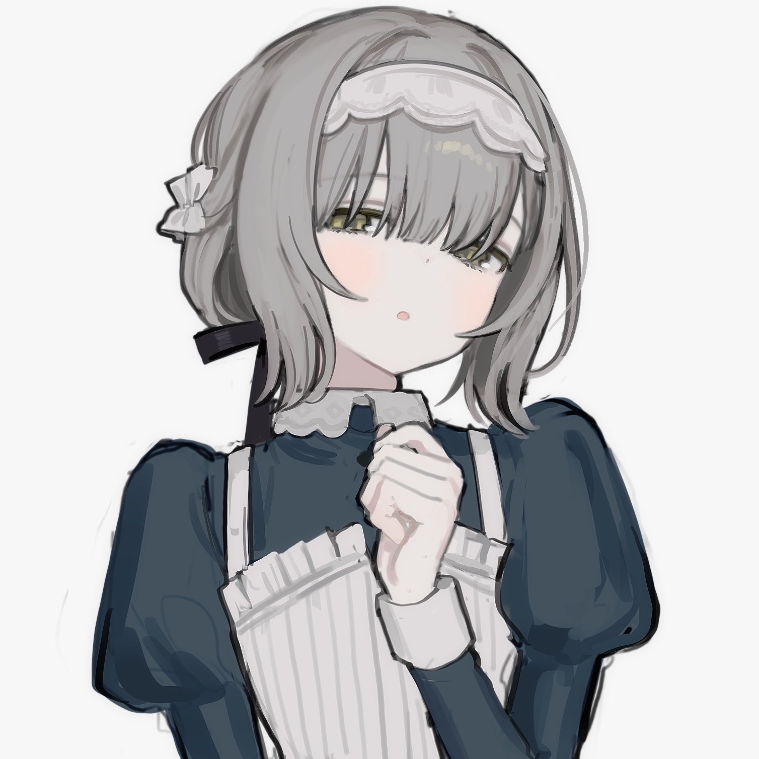 kakuzatou (sugar xouox), hiwatari kanae, gakuen idolmaster, idolmaster, highres, 1girl, apron, black dress, black ribbon, dress, green eyes, grey hair, hair ribbon, hand up, looking at viewer, maid headdress, parted lips, puffy sleeves, ribbon, short hair, simple background, solo, white apron, white background