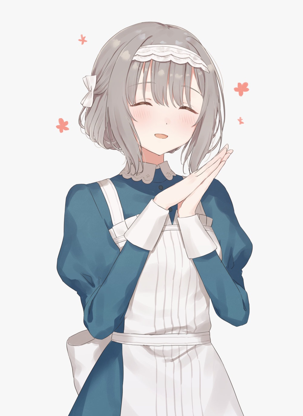 kirima (zs at ), hiwatari kanae, gakuen idolmaster, idolmaster, highres, 1girl, apron, blue dress, blush, closed eyes, dress, grey hair, hands up, maid, maid headdress, own hands together, parted lips, puffy sleeves, short hair, sidelocks, smile, solo, white apron