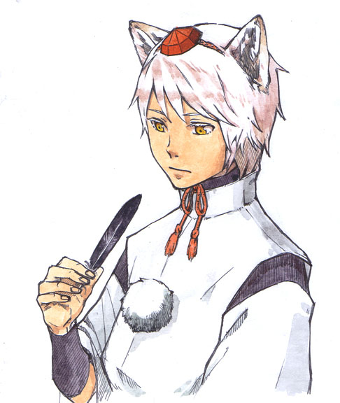 kobushi, yodoro kagyu, inubashiri momiji, touhou, bad id, bad pixiv id, traditional media, 1girl, animal ears, feathers, female focus, hat, short hair, solo, tokin hat, white hair, wolf ears, yellow eyes