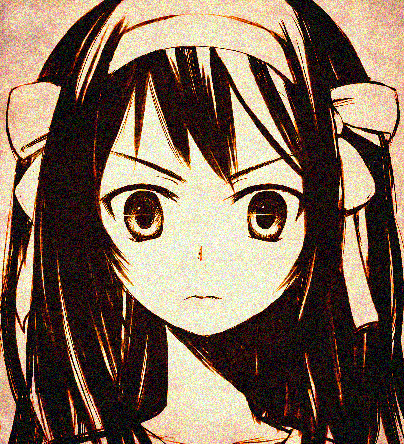 sorethroat, suzumiya haruhi, suzumiya haruhi no yuuutsu, 00s, 1girl, female focus, hair ribbon, hairband, headband, long hair, monochrome, ribbon, solo