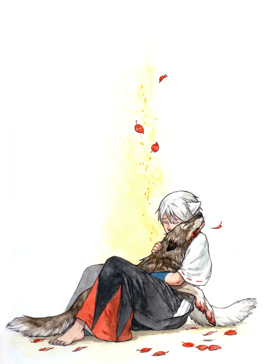 kobushi, yodoro kagyu, inubashiri momiji, touhou, bad id, bad pixiv id, highres, traditional media, 1girl, animal ears, barefoot, blood, death, feet, female focus, short hair, solo, tail, white hair, wolf, wolf ears, wolf tail