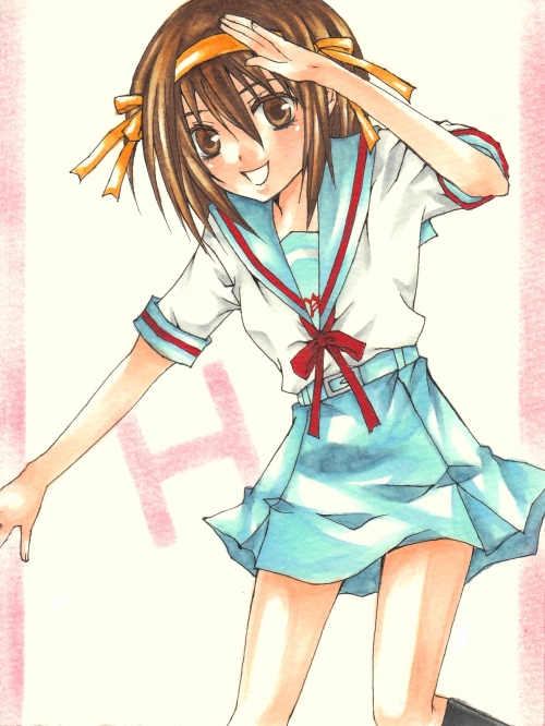 kazuki miu, tetsuo (tashirosu), suzumiya haruhi, suzumiya haruhi no yuuutsu, bad id, bad pixiv id, marker (medium), millipen (medium), pastel (medium), pen (medium), traditional media, 00s, 1girl, brown hair, female focus, h (letter), hairband, school uniform, serafuku, short hair, solo