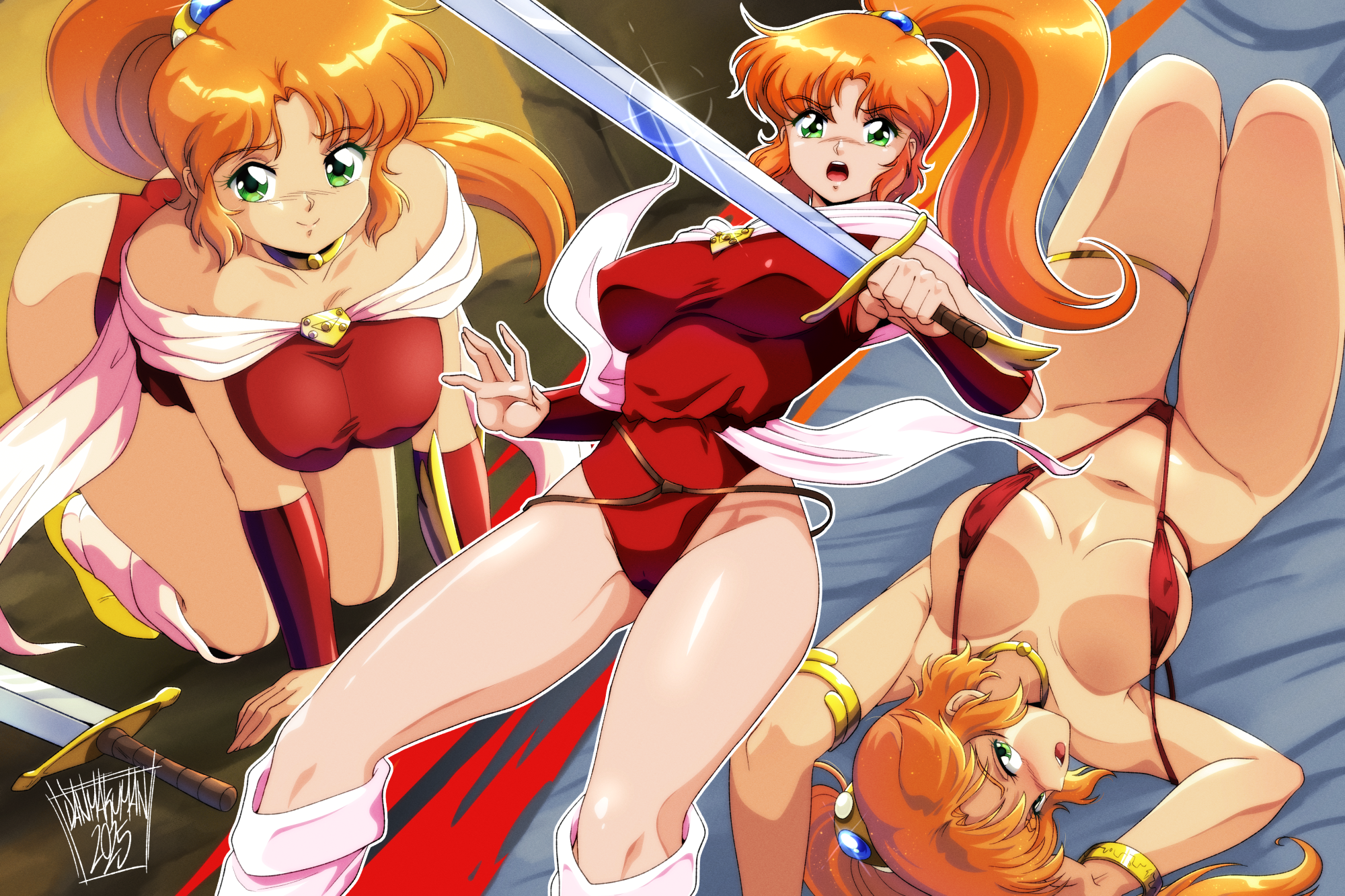 danmakuman, caron (rall), cream lemon, sf choujigen densetsu rall, highres, 1girl, all fours, armlet, armpits, arms up, ass, bikini, bracelet, breasts, choker, covered erect nipples, gluteal fold, green eyes, groin, highleg, highleg bikini, highleg leotard, jewelry, kneehighs, leotard, long hair, lying, micro bikini, multiple views, navel, on back, open mouth, orange hair, pink socks, ponytail, red bikini, red leotard, smile, socks, string bikini, swimsuit, sword, thighlet, thighs, weapon