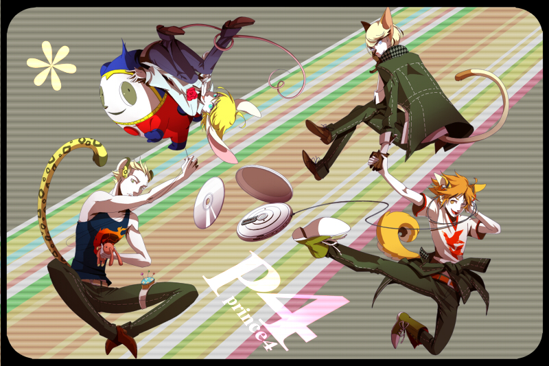 eeteru, hanamura yousuke, kuma (persona 4), narukami yu, tatsumi kanji, atlus, persona, persona 4, 4boys, animal ears, cd, cd player, cd walkman, kicking, looking back, male focus, multiple boys, school uniform, tail