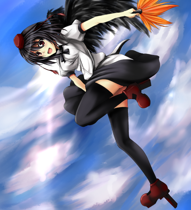 mugen houteishiki, mugenshiki, shameimaru aya, touhou, bad id, bad pixiv id, 1girl, black hair, black wings, female focus, geta, hand fan, hat, looking at viewer, open mouth, red eyes, short hair, sinmugen, smile, solo, tengu-geta, thighhighs, tokin hat, wings, zettai ryouiki