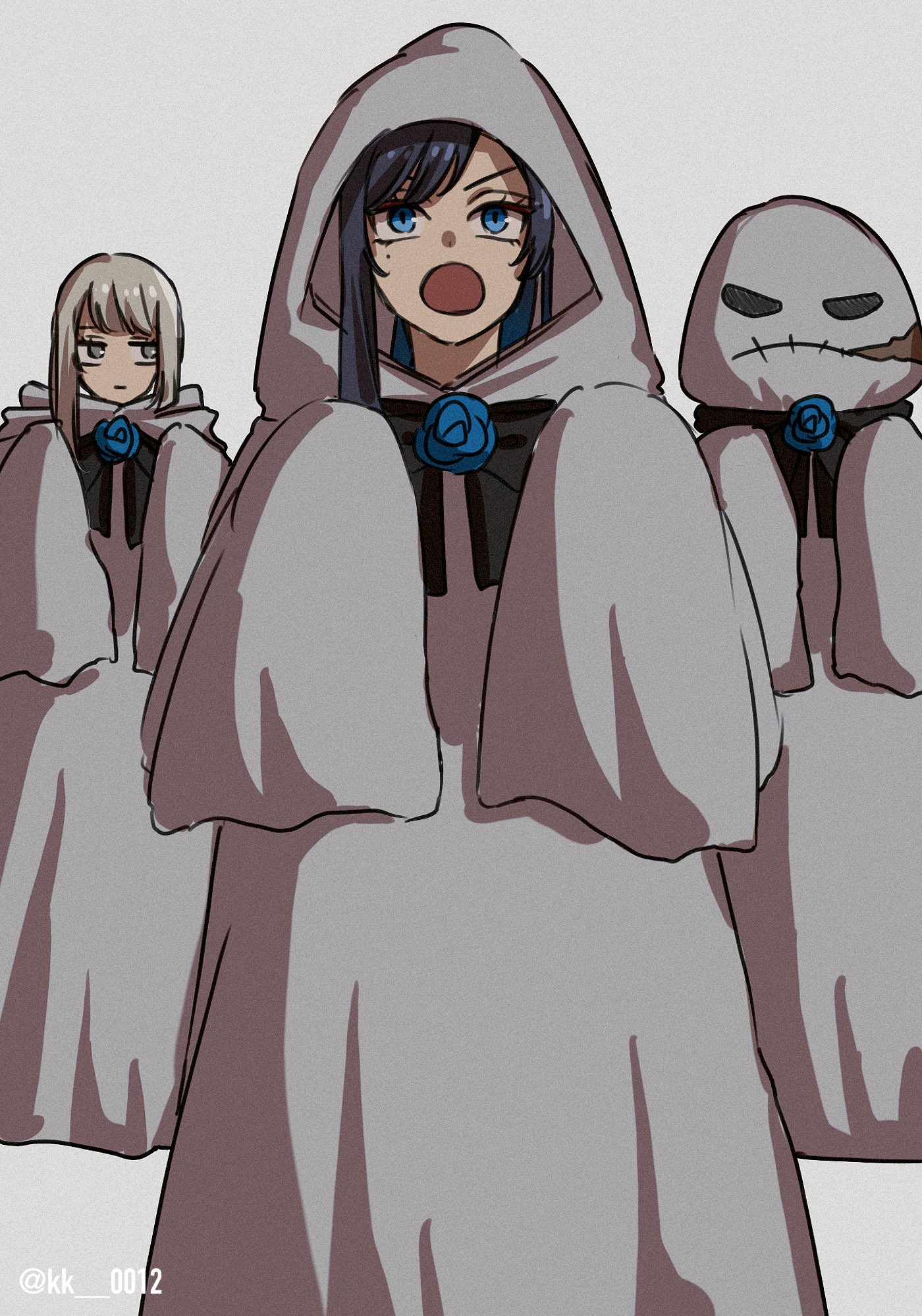 keeko (kk 0012), chando (ado), ado (utaite), commentary request, highres, 2girls, black bow, black bowtie, black hair, blue eyes, blue hair, bow, bowtie, grey background, grey hair, halloween costume, long hair, mole, mole under eye, multiple girls, nail polish, open mouth, simple background