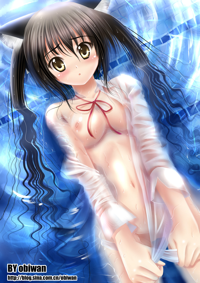 obiwan, nakano azusa, k-on!, 00s, 1girl, :o, animal ear fluff, animal ears, black hair, blush, bottomless, breasts, cat ears, female focus, floating, hair between eyes, navel, nipples, no bra, no panties, open clothes, open shirt, partially submerged, see-through clothes, shirt, solo, twintails, water, wet, white shirt, yellow eyes