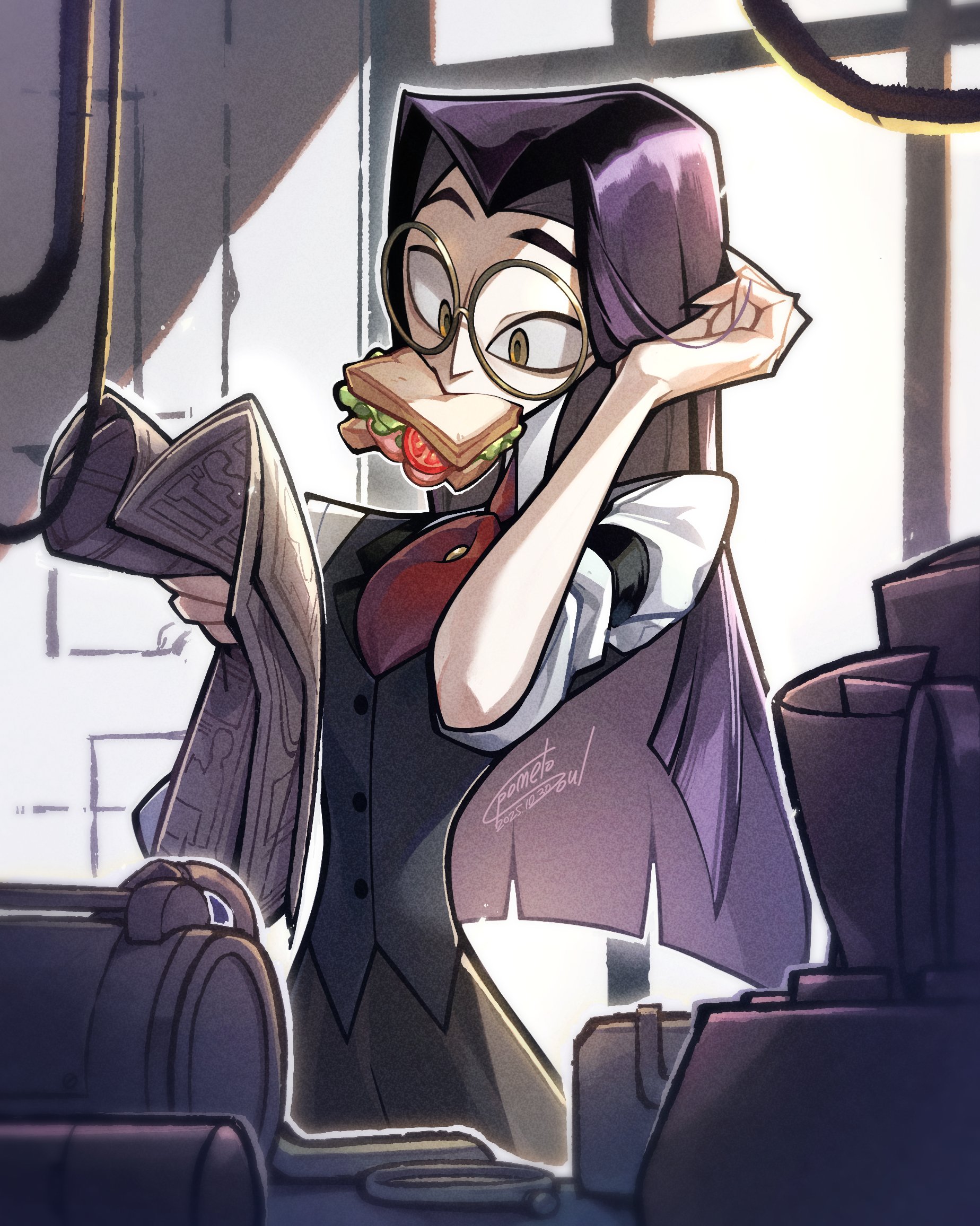 pomelo soul, sir pentious, hazbin hotel, hellaverse, highres, 1boy, artist name, ascot, black hair, black pants, black vest, brown eyes, collared shirt, curtained hair, food, food in mouth, glasses, hand in own hair, hand up, holding, holding newspaper, indoors, long hair, male focus, mouth hold, newspaper, pants, reading, red ascot, round eyewear, sandwich, shirt, signature, sleeves rolled up, solo, very long hair, vest, white shirt, window, wing collar