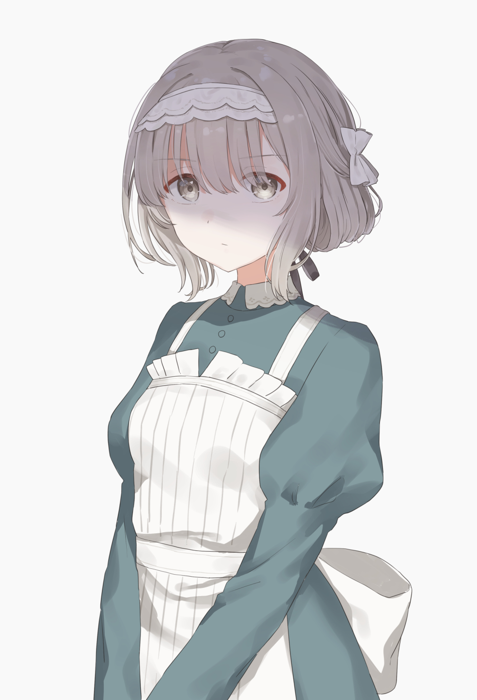 kirima (zs at ), hiwatari kanae, gakuen idolmaster, idolmaster, highres, 1girl, :/, apron, black dress, black ribbon, bow, closed mouth, dress, green eyes, grey hair, hair ribbon, light frown, looking at viewer, maid, maid headdress, puffy sleeves, ribbon, shaded face, short hair, simple background, solo, waist bow, white apron, white background, white bow