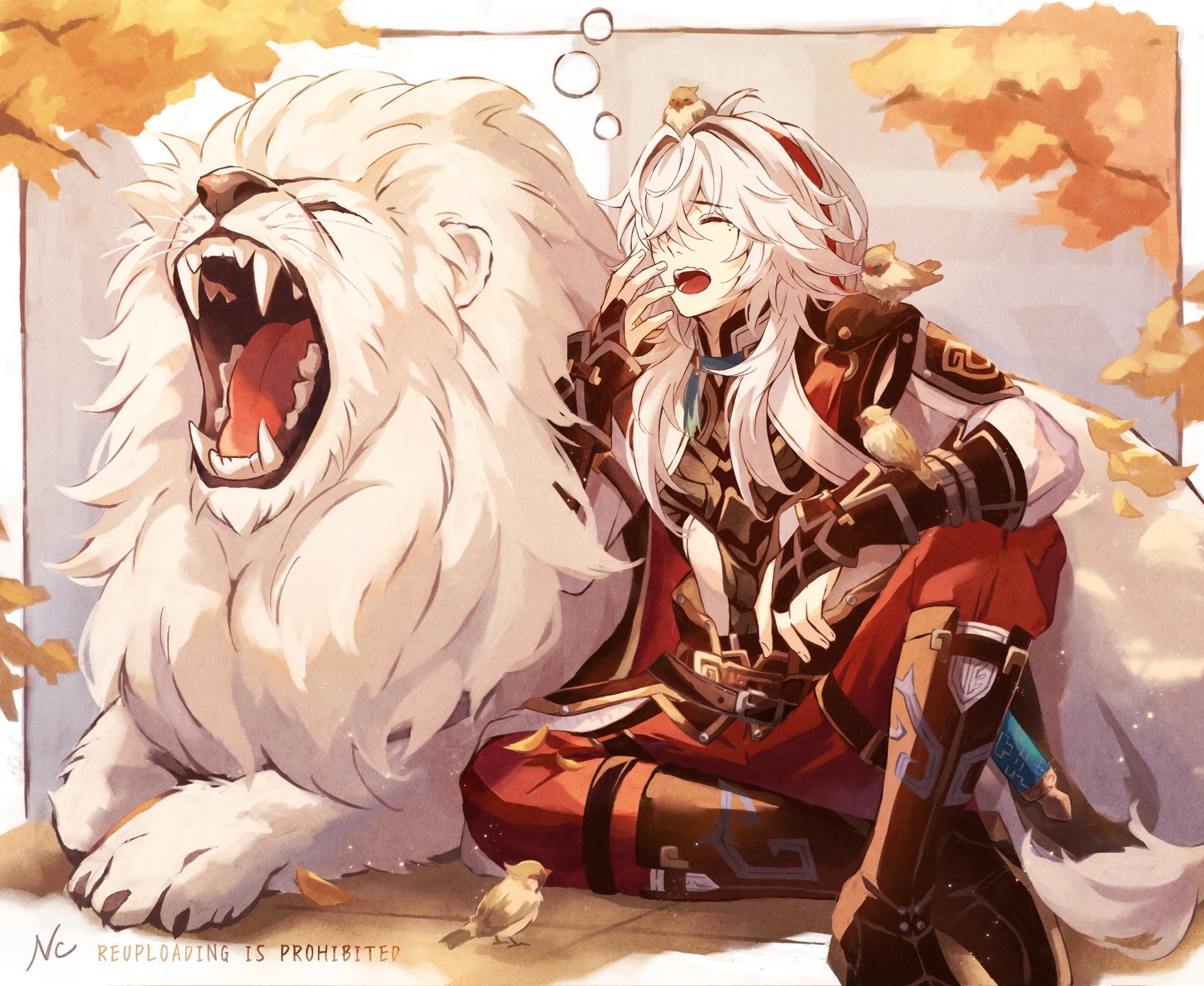 jing yuan, honkai: star rail, honkai (series), commentary, highres, symbol-only commentary, 1boy, animal, animal on arm, animal on head, animal on shoulder, arm on knee, armor, belt, bird, bird on arm, bird on head, bird on shoulder, black belt, black boots, boots, border, closed eyes, contagious yawn, foot out of frame, hair ribbon, hand up, lion, long hair, long sleeves, male focus, mole, mole under eye, nc (nctiramisucat), on head, open mouth, outside border, pants, pauldrons, red pants, red ribbon, ribbon, shirt, shoulder armor, sitting, teeth, upper teeth only, white border, white hair, white shirt, yawning