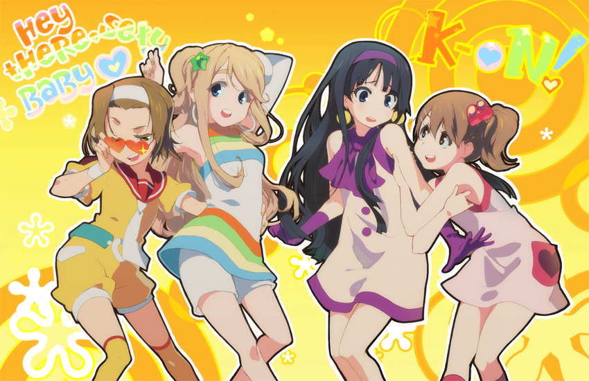 juby, akiyama mio, hirasawa yui, kotobuki tsumugi, tainaka ritsu, fuwafuwa time, k-on!, 00s, 4girls, alternate costume, black eyes, black hair, blonde hair, brown eyes, brown hair, dress, earrings, english text, flower, glasses, gloves, green eyes, hair ornament, hairband, hairclip, heart, ho-kago tea time, jewelry, long hair, mod fashion, multiple girls, sailor collar, sailor top, short hair, shorts, star (symbol), sunglasses