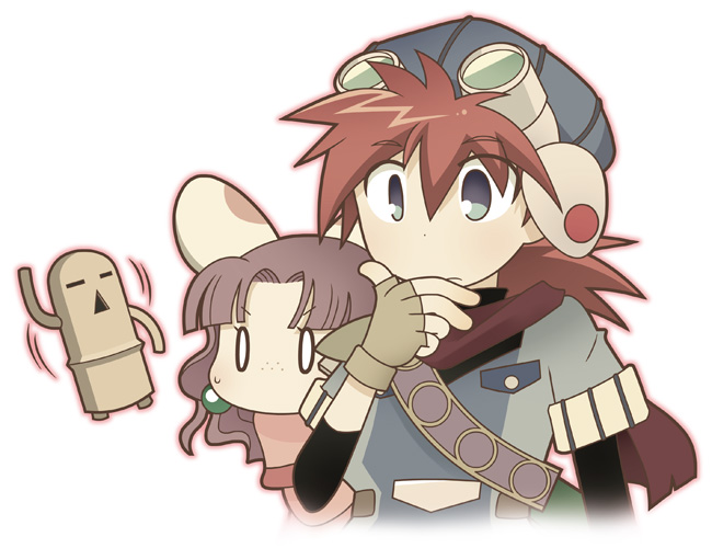 fukasaku emi, imoni (pixiv), justin (grandia), puui (grandia), sue (grandia), game arts, grandia, grandia i, grandia online, bad id, bad pixiv id, 1boy, 1girl, brown hair, chibi, dancing, fingerless gloves, freckles, gloves, green eyes, hand on own chin, layered sleeves, orange hair, sweat, sweatdrop, | |