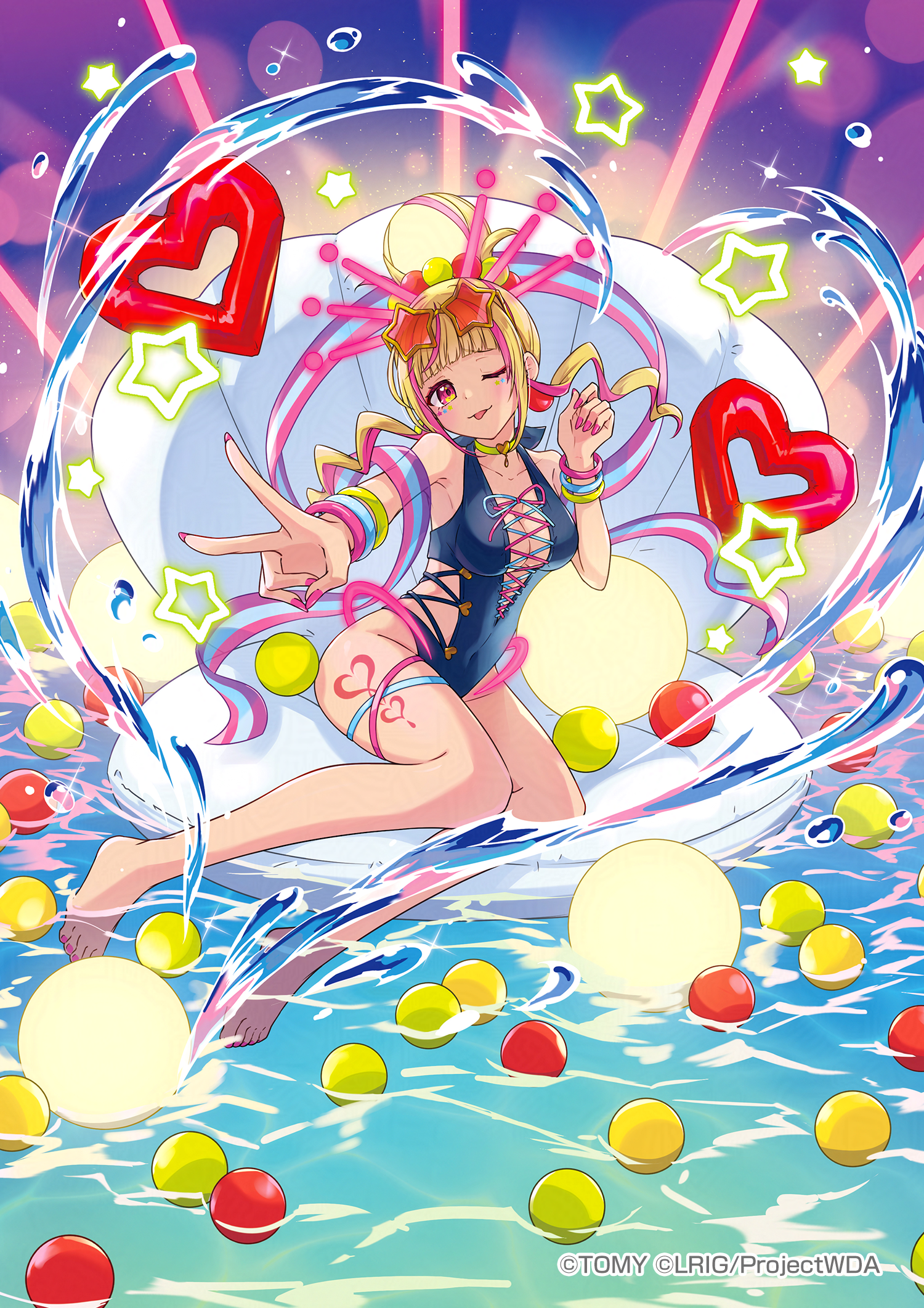 peron (niki2ki884), wixoss, highres, official art, 1girl, ball pool (wixoss), balloon, barefoot, blonde hair, blue one-piece swimsuit, breasts, choker, cleavage, closed mouth, copyright notice, eyewear on head, heart balloon, looking at viewer, multicolored hair, nail polish, one-piece swimsuit, one eye closed, pink hair, pink nails, purple eyes, seashell, shell, smile, solo, star-shaped eyewear, star (symbol), streaked hair, sunglasses, swimsuit, thigh strap, v, water, yellow choker, yellow eyes