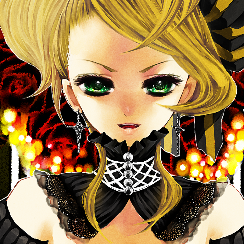 mamaloni, kagamine rin, riliane lucifen d'autriche, aku no musume (vocaloid), evillious nendaiki, vocaloid, bad id, bad pixiv id, 1girl, blonde hair, close-up, cross, dress, earrings, female focus, green eyes, hair ribbon, jewelry, ribbon, smile, solo, victorian