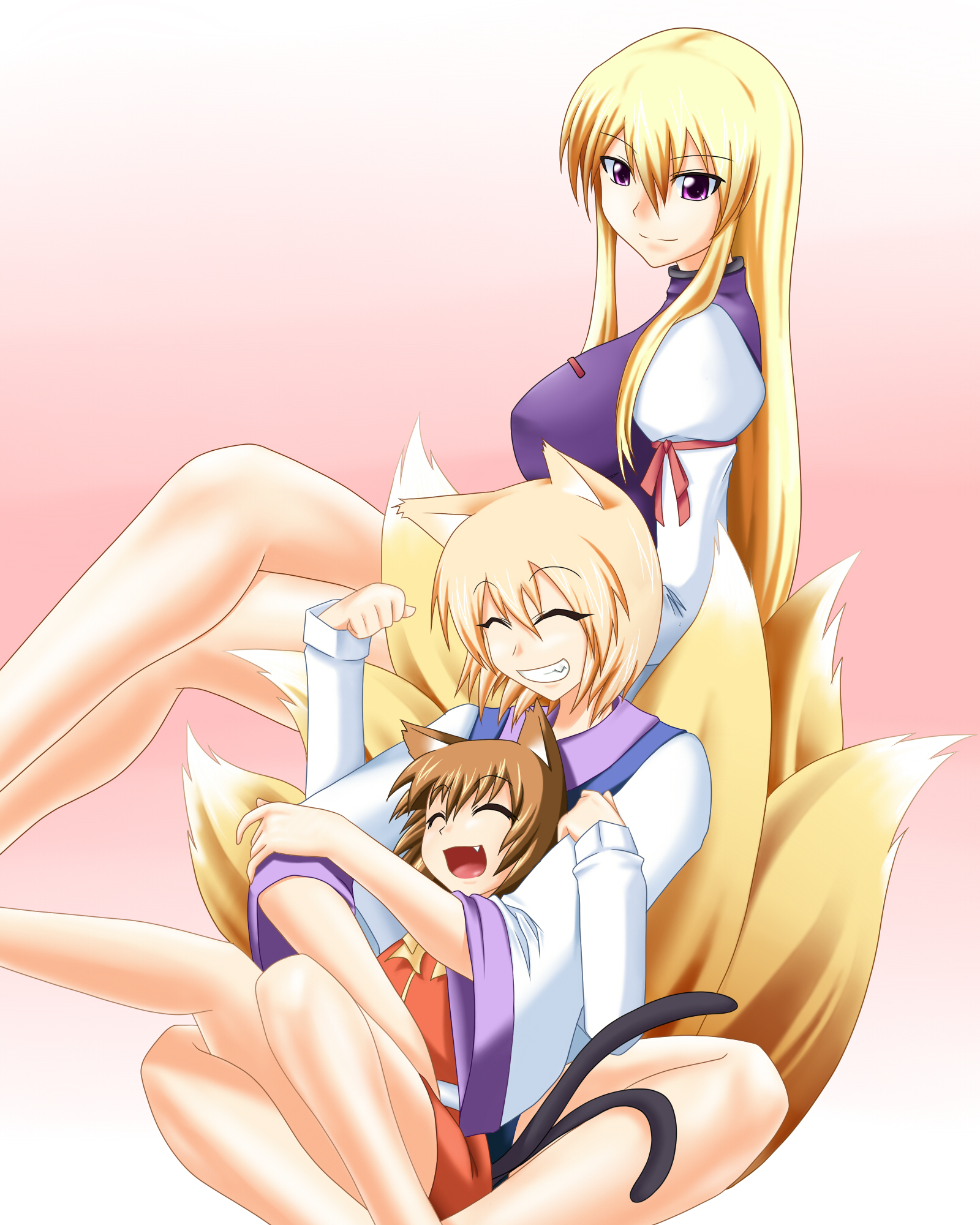 pepo (absolute1123), chen, yakumo ran, yakumo yukari, touhou, bad id, bad pixiv id, highres, 3girls, animal ears, blonde hair, brown hair, cat ears, cat girl, cat tail, closed eyes, fang, female focus, fox ears, fox tail, gradient background, grin, happy, long hair, long sleeves, multiple girls, multiple tails, no headwear, pink background, smile, tail, wide sleeves