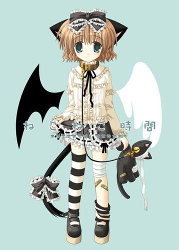 nekoneko, striped, lowres, 1girl, angel, animal ears, bandages, bandaid, bandaid on leg, black wings, blue eyes, bow, brown hair, cat, cat ears, cat girl, cat tail, closed mouth, collar, demon, leash, ribbon, short hair, single thighhigh, skirt, socks, striped clothes, striped socks, striped thighhighs, stuffed animal, stuffed toy, tail, tail bow, tail ornament, tail ribbon, thighhighs, white wings, wings