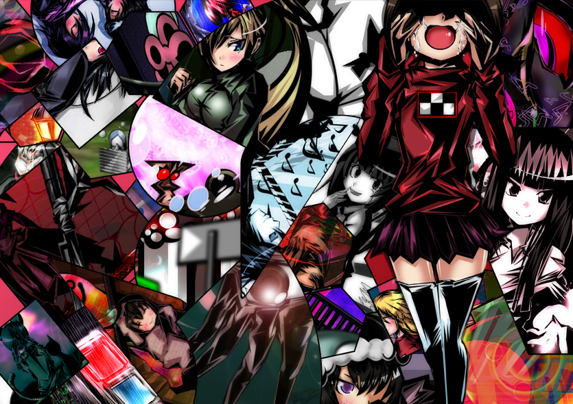 haruhara, madotsuki, mafurako, monoe, monoko, poniko, yume nikki, black legwear, light, bad id, bad pixiv id, 5girls, abstract, blunt bangs, fire, long hair, long sleeves, looking at viewer, multiple girls, shaded face, standing, sweater, tears, thighhighs, very long hair, zettai ryouiki