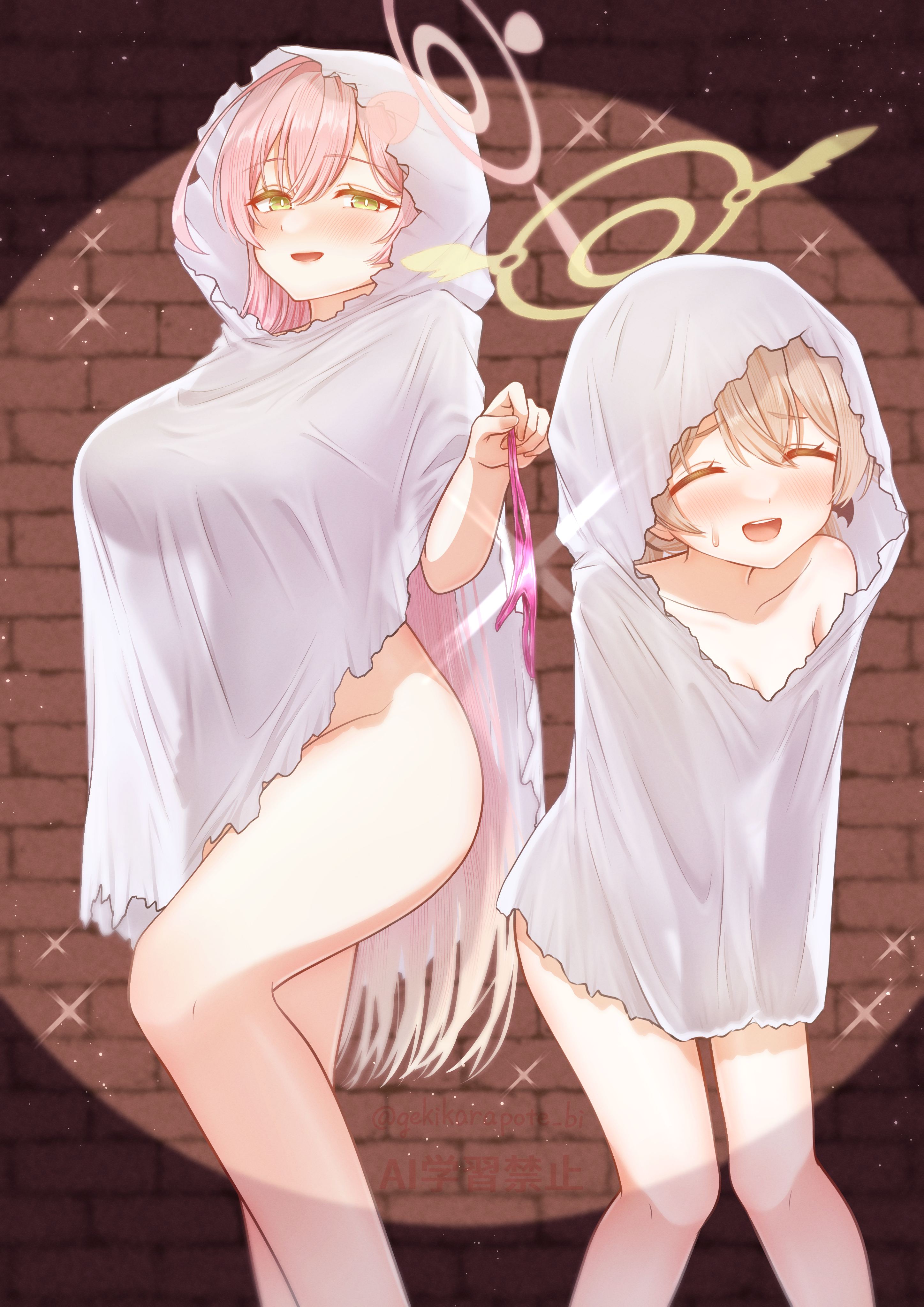 gekikara poteto, hanako (blue archive), hifumi (blue archive), blue archive, absurdres, highres, 2girls, ahoge, blush, breasts, brick wall, brown hair, cleavage, closed eyes, ghost costume, green eyes, groin, hair intakes, halo, holding, holding panties, holding underwear, holding unworn clothes, huge breasts, long hair, looking at viewer, multiple girls, open mouth, panties, pink hair, pink halo, pink panties, smile, sweatdrop, thighs, underwear, watermark, white hood