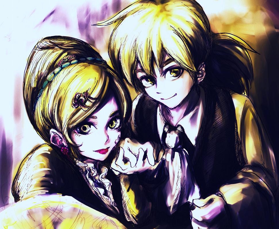 ori (pixiv206027), allen avadonia, kagamine len, kagamine rin, riliane lucifen d'autriche, aku no musume (vocaloid), evillious nendaiki, vocaloid, 1boy, 1girl, blonde hair, brother and sister, dress, earrings, formal clothes, hair ornament, hairclip, hetero, holding hands, jewelry, siblings, twins, yellow eyes