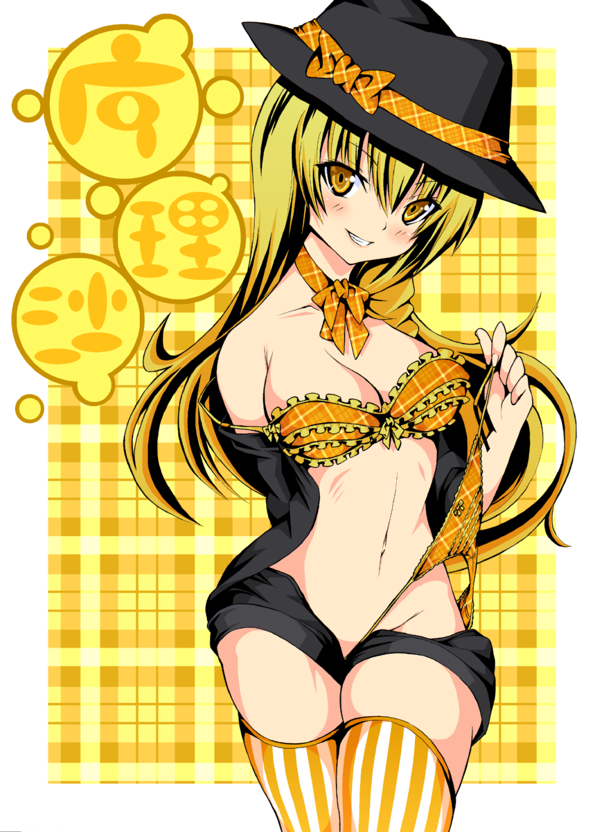 daive, kirisame marisa, touhou, bad id, bad pixiv id, highres, 1girl, blonde hair, bow, bow panties, bra, breasts, casual, choker, cleavage, crossed legs, female focus, frilled bra, frills, hat, holding, holding panties, holding underwear, holding unworn clothes, lingerie, long hair, naughty face, navel, no panties, off shoulder, open clothes, open fly, open shirt, open shorts, panties, shirt, shorts, side-tie panties, solo, strap slip, striped clothes, striped thighhighs, thighhighs, underwear, undressing, unworn panties, unzipped, vertical-striped clothes, vertical-striped thighhighs, yellow eyes, yellow panties, zettai ryouiki