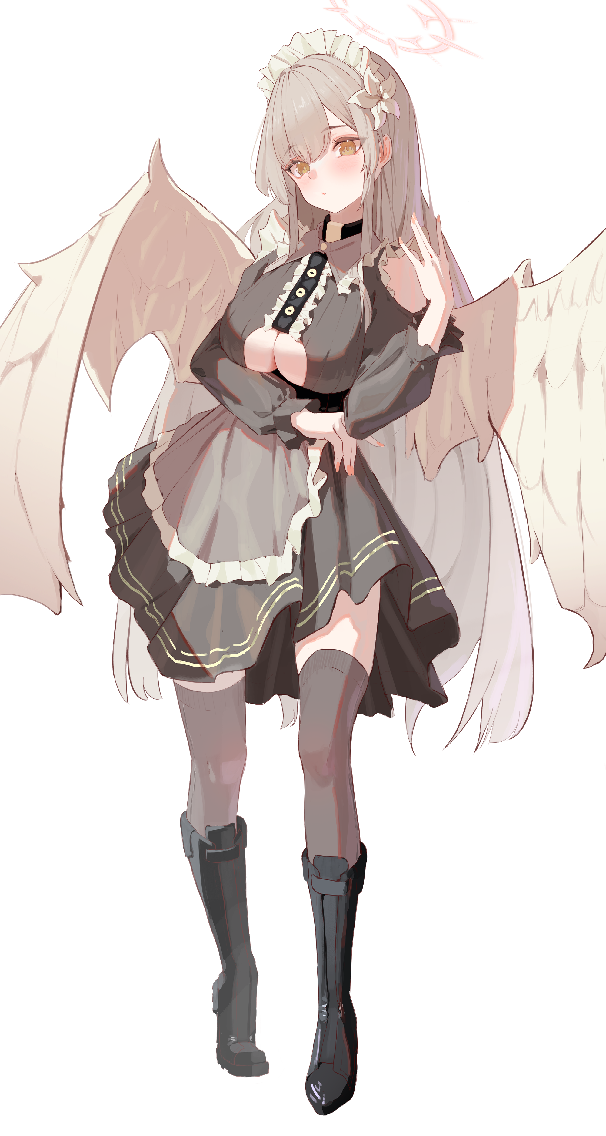 banpen, nagisa (blue archive), blue archive, absurdres, highres, 1girl, alternate costume, angel wings, blonde hair, breasts, feathered wings, halo, long hair, low wings, pink halo, simple background, solo, underboob, white background, white wings, wings