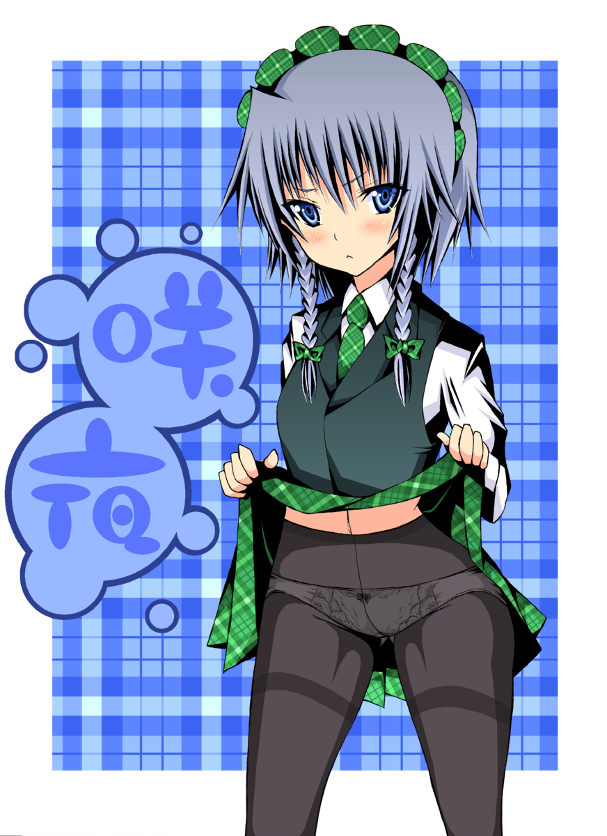 daive, izayoi sakuya, touhou, plaid, bad id, bad pixiv id, highres, 1girl, blue eyes, braid, clothes lift, crotch seam, female focus, grey hair, navel, panties, panties under pantyhose, pantyhose, pantyshot, short hair, skirt, skirt lift, solo, thighband pantyhose, twin braids, underwear, upskirt, vest, white panties