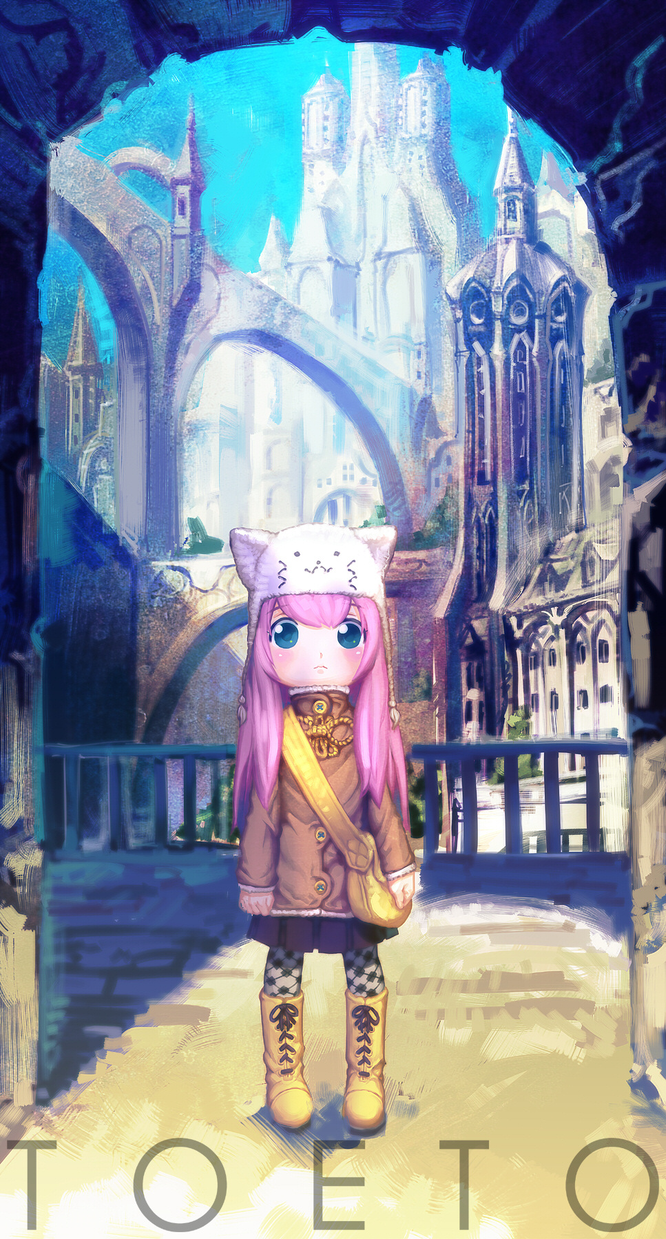 nagimiso, megurine luka, megurine luka (toeto), toeto (vocaloid), vocaloid, bad id, bad pixiv id, highres, animal hat, blush, boots, cat hat, city, hat, pantyhose
