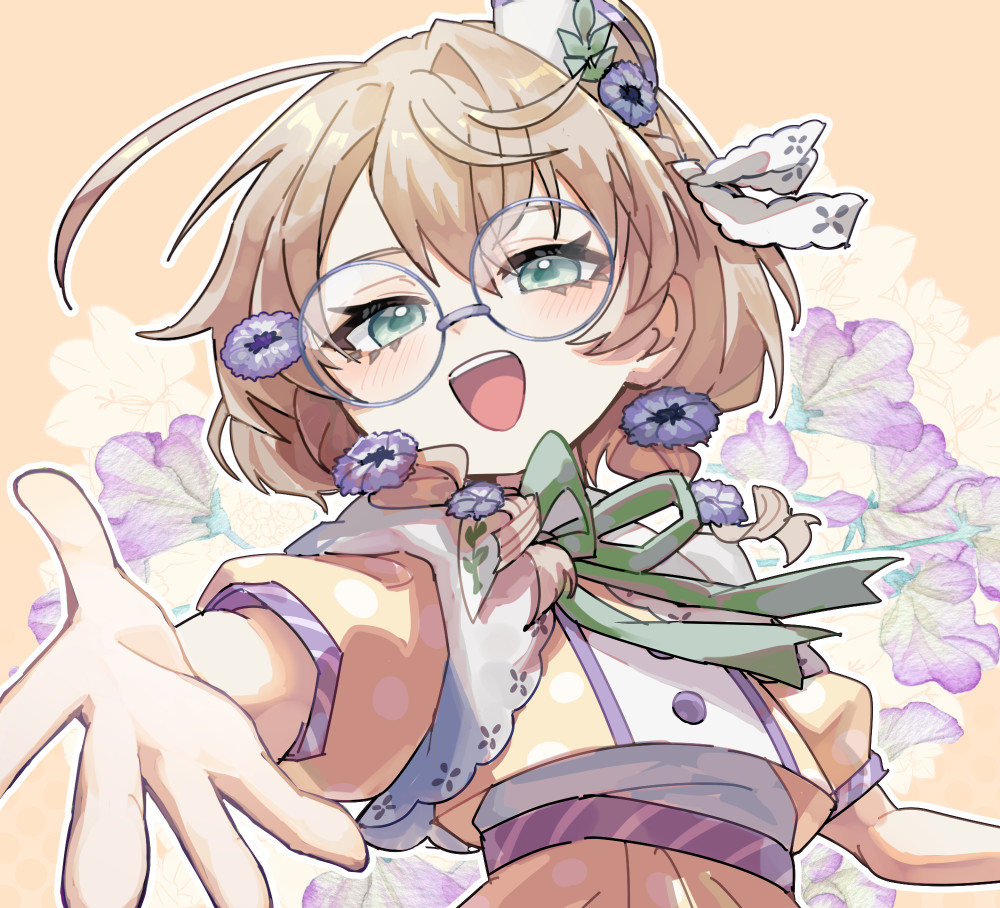shimanaka (shimanaka sushi), yaguruma rine, nijisanji, 1girl, blush, braid, brown hair, collared shirt, floral background, flower, glasses, green eyes, green ribbon, grey-framed eyewear, hair flower, hair ornament, hair over shoulder, half crown braid, hat, long hair, looking at viewer, low twin braids, mini hat, neck ribbon, open mouth, outline, polka dot, polka dot shirt, polka dot skirt, puffy short sleeves, puffy sleeves, purple flower, reaching, reaching towards viewer, ribbon, round eyewear, shirt, short sleeves, single hair intake, skirt, smile, solo, tilted headwear, twin braids, upper body, virtual youtuber, white outline, white ribbon, yellow background, yellow shirt, yellow skirt