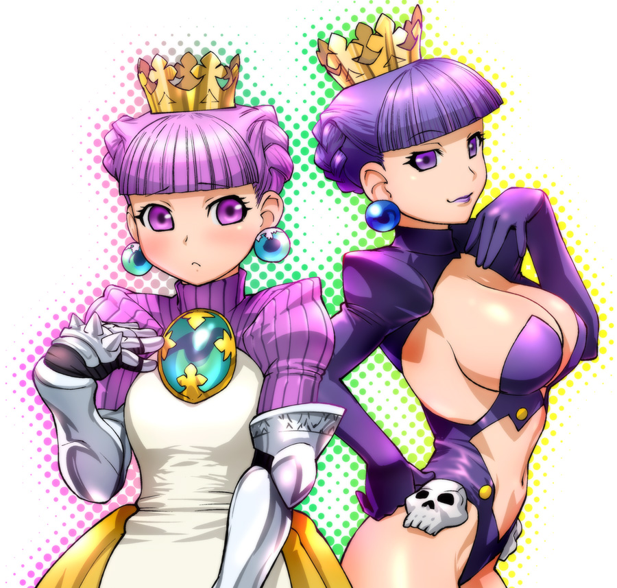 ueyama michirou, gradriel, gradriel de valendia, atlus, princess crown, 2girls, armor, armored dress, blush, breasts, crown, dress, dual persona, earrings, gold crown, jewelry, lipstick, makeup, multiple girls, purple eyes, purple hair, sideboob, skull